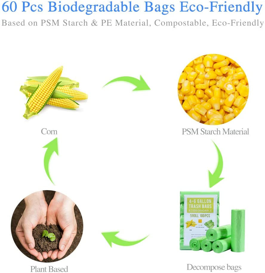 Trash Bags 4 Gallon, Biodegradable Small Garbage Bags Strong Tear & Leak Resistant, Recycled & Unscented Trash Bags for Kitchen, Bathroom, Office, Restroom, Car, Green, 60 Counts