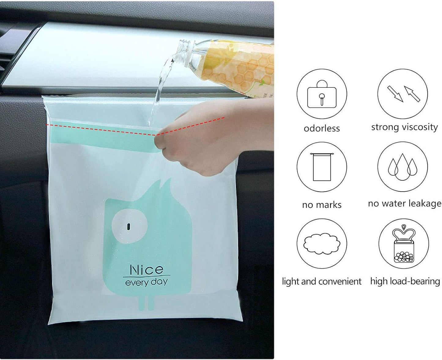 Car Trash Bags, 60PCS Easy Stick-On Disposable Portable Car Garbage Bags, Durable Waterproof Kitchen Trash Bag, Leak Proof Vomit Trash Bag Suitable for Cars, Bedrooms, Bathrooms, Offices 13