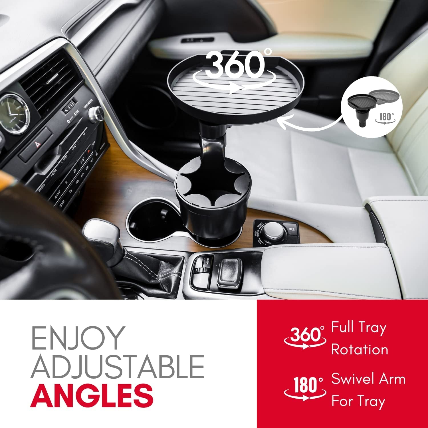 Car Cup Holder Tray and Cup Holder Expander with Phone Slot - Enjoy Your Meal - 9" Food Tray Table and Drink Holder for Yeti, Hydroflask, Etc.