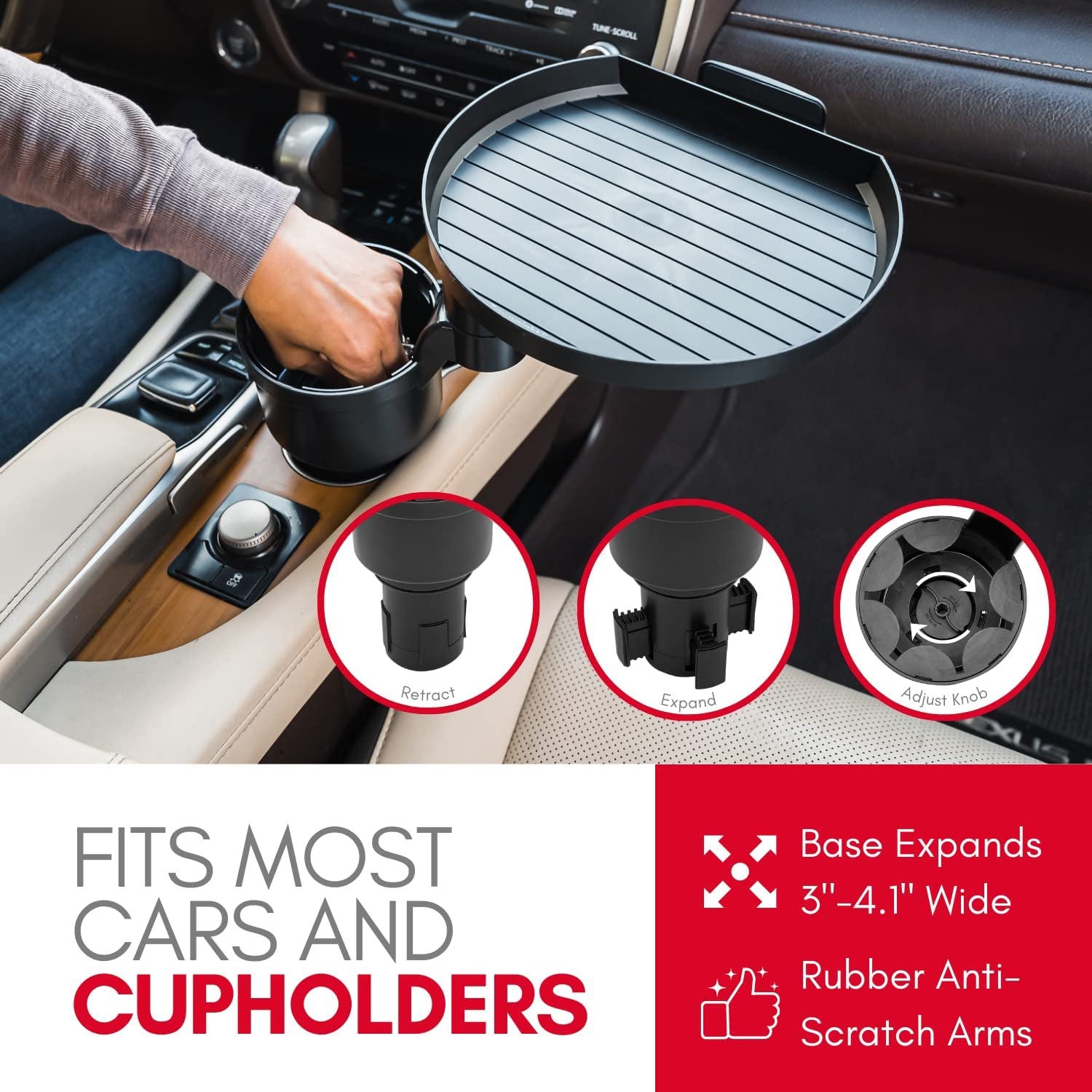 Car Cup Holder Tray and Cup Holder Expander with Phone Slot - Enjoy Your Meal - 9" Food Tray Table and Drink Holder for Yeti, Hydroflask, Etc.