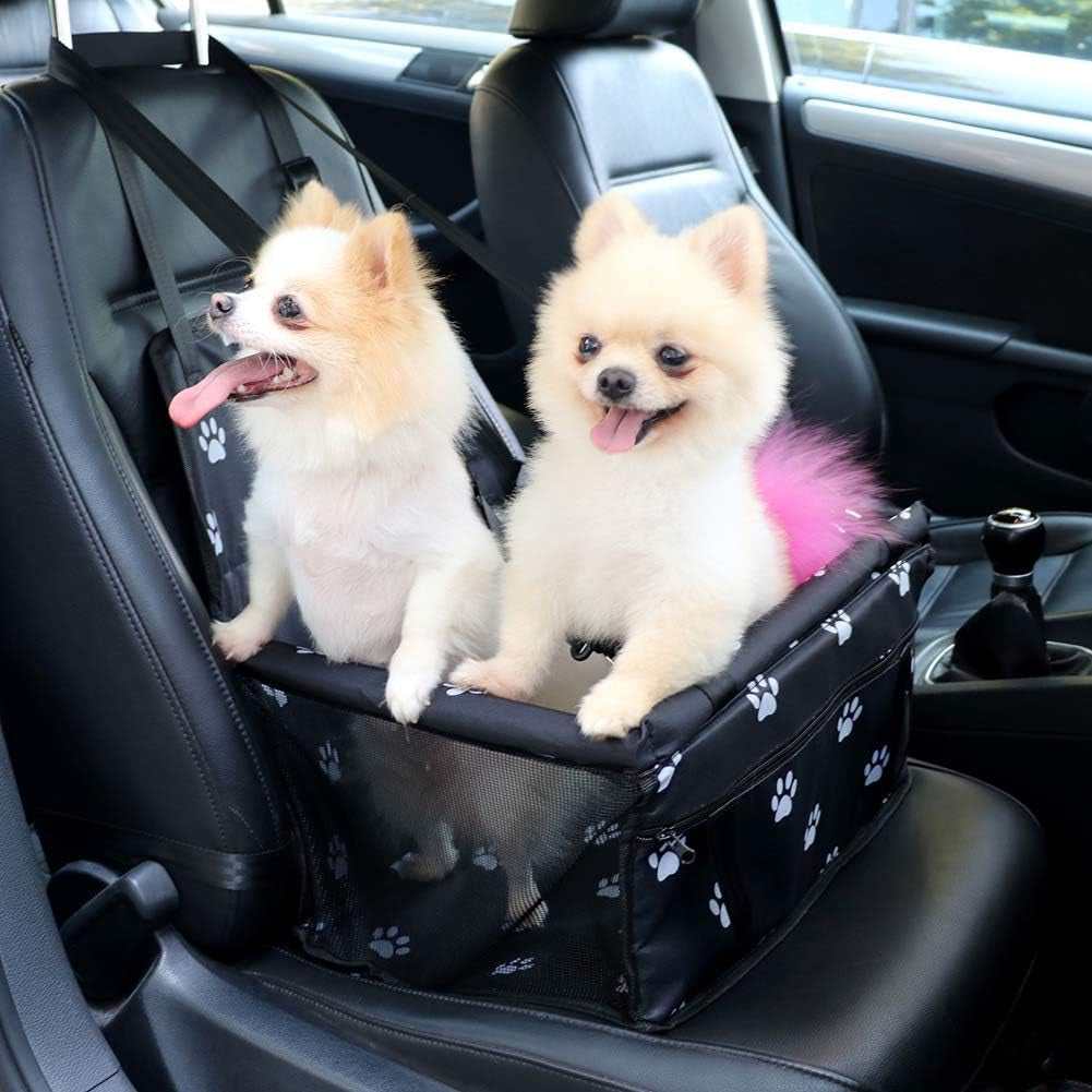 Pet Reinforce Car Booster Seat for Dog Cat Portable and Breathable Bag with Seat Belt Dog Carrier Safety Stable for Travel Look Out,With Clip on Leash with PVC Tube (Foot)