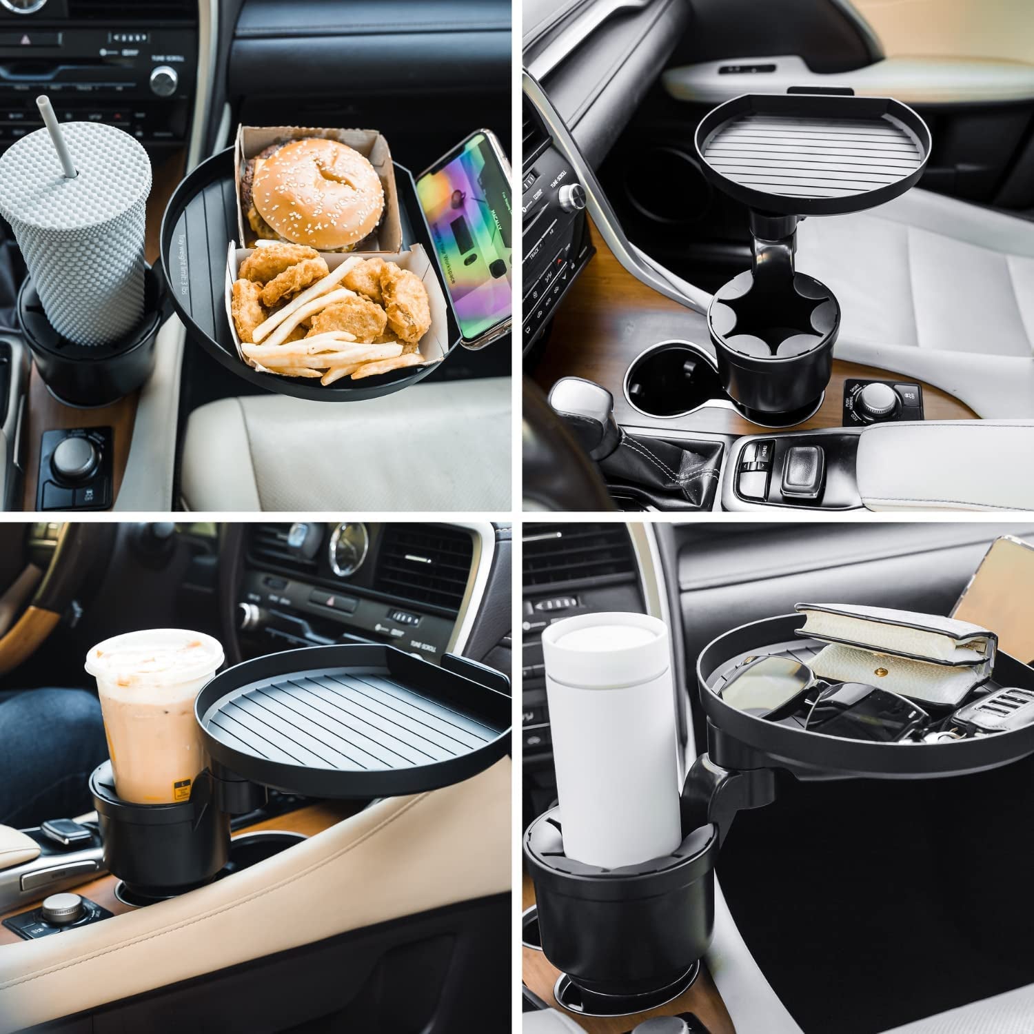 Car Cup Holder Tray and Cup Holder Expander with Phone Slot - Enjoy Your Meal - 9" Food Tray Table and Drink Holder for Yeti, Hydroflask, Etc.