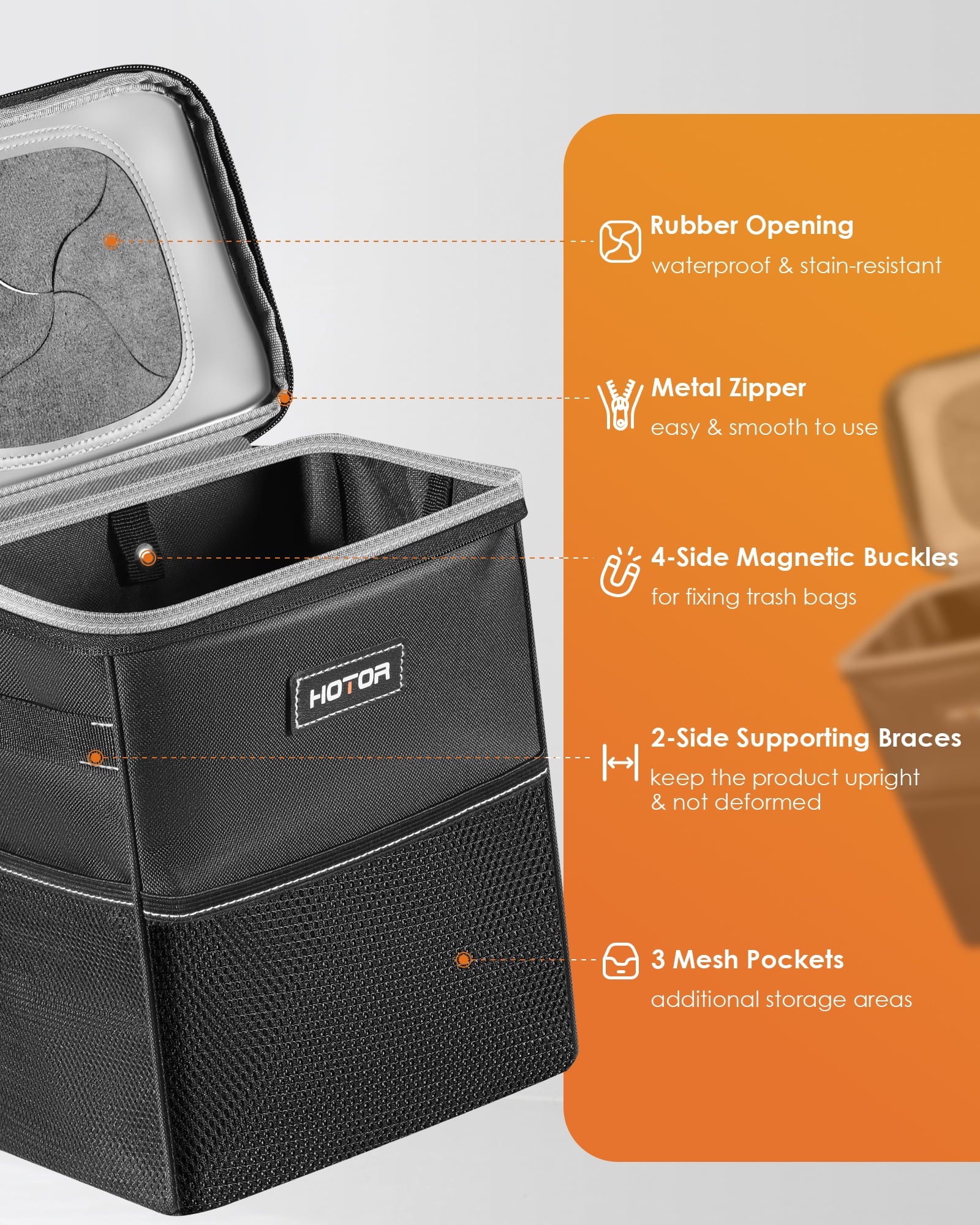 Car Trash Can with Lid, Leak-Proof Car Garbage Can with Mesh Pockets, Car Accessories