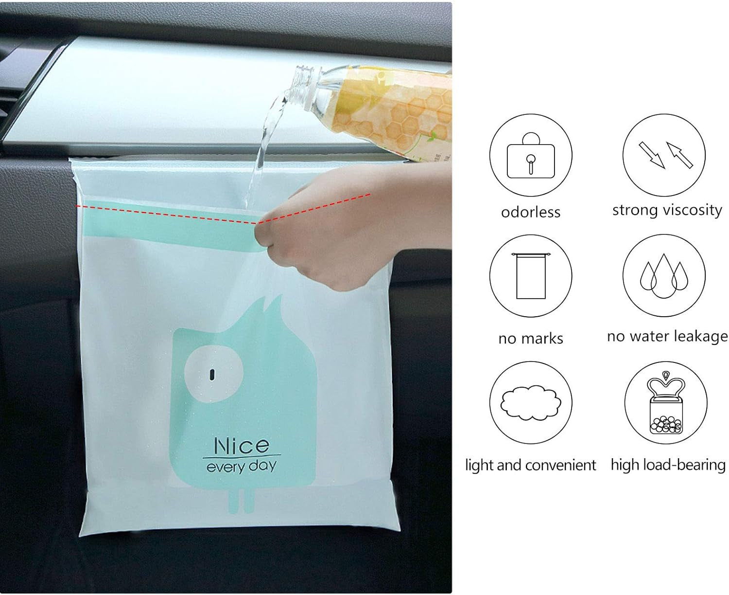 Car Trash Bags, 60PCS Easy Stick-On Disposable Portable Car Garbage Bags, Durable Waterproof Kitchen Trash Bag, Leak Proof Vomit Trash Bag Suitable for Cars, Bedrooms, Bathrooms, Offices 13