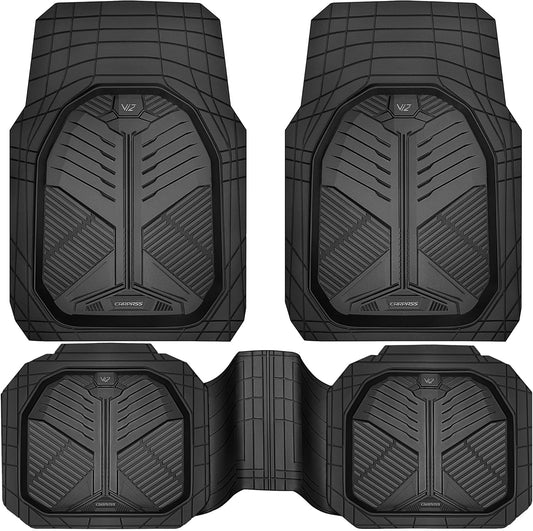 Heavy Duty Rubber Car Mats, Deep-Dish Odorless Car Floor Mats All Weather, Universal Trim-To-Fit for Suvs Trucks Sedans, Waterproof Anti-Slip, 3 Pieces V12 Black