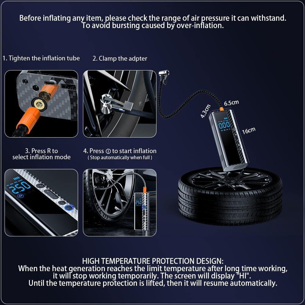 Tire Inflator Portable Air Compressor Multipurpose Air Pump Cordless 150 PSI Auto Shut-Off 7500Mah Battery & 12V DC Dual Power W/Accurate Digital Pressure Gauge LCD Screen LED Emergency Light
