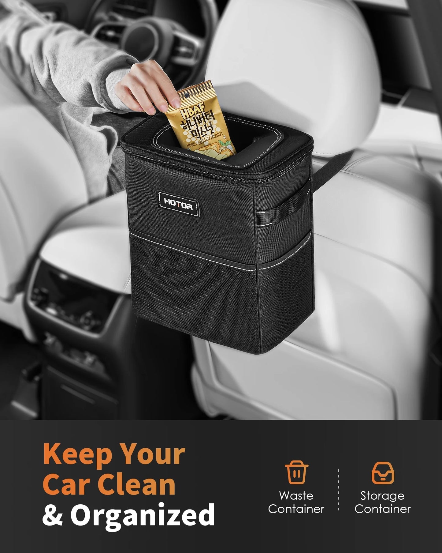 Car Trash Can with Lid, Leak-Proof Car Garbage Can with Mesh Pockets, Car Accessories