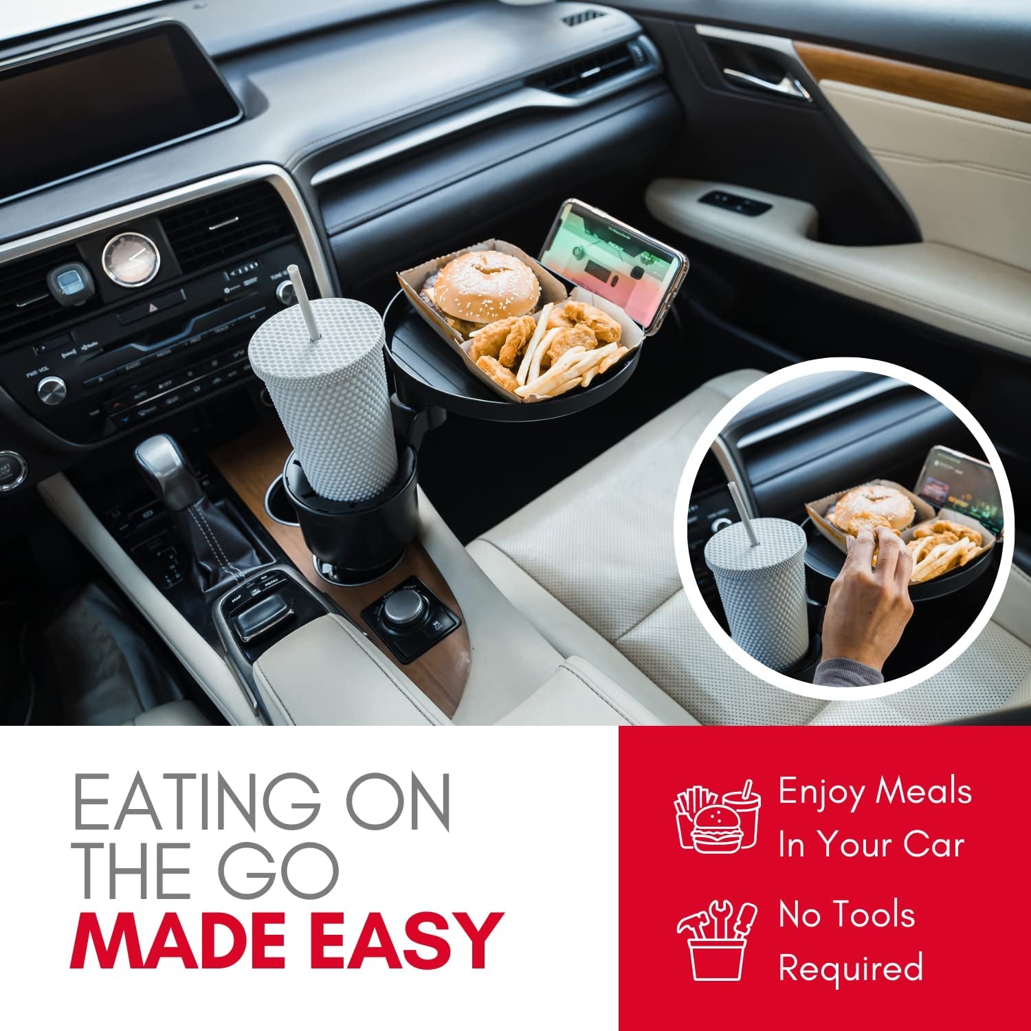 Car Cup Holder Tray and Cup Holder Expander with Phone Slot - Enjoy Your Meal - 9" Food Tray Table and Drink Holder for Yeti, Hydroflask, Etc.