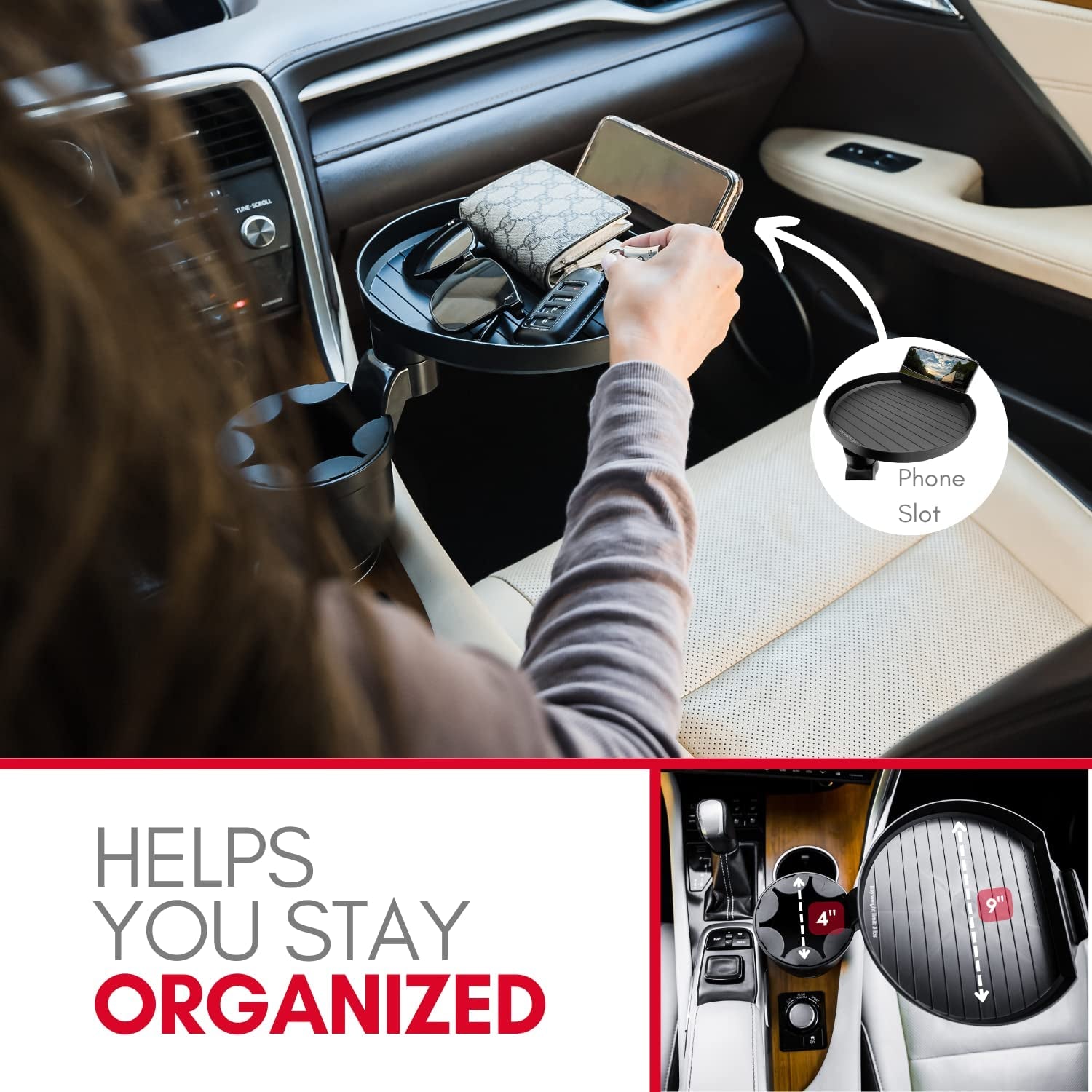 Car Cup Holder Tray and Cup Holder Expander with Phone Slot - Enjoy Your Meal - 9" Food Tray Table and Drink Holder for Yeti, Hydroflask, Etc.
