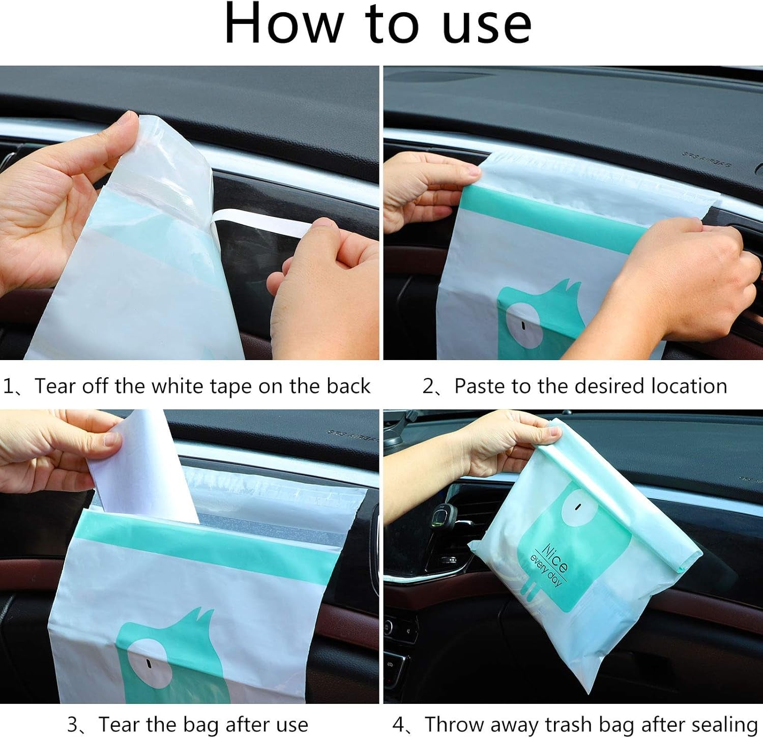 Car Trash Bags, 60PCS Easy Stick-On Disposable Portable Car Garbage Bags, Durable Waterproof Kitchen Trash Bag, Leak Proof Vomit Trash Bag Suitable for Cars, Bedrooms, Bathrooms, Offices 13